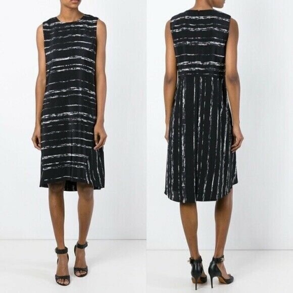 Vince 100% Silk Black Abstract Striped Shift Dress Size 2 - Picture 1 of 9